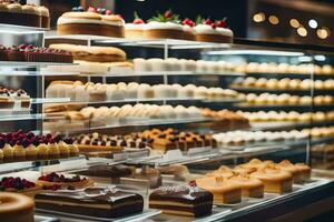 many different types of cakes are on display in a bakery. AI-Generated photo