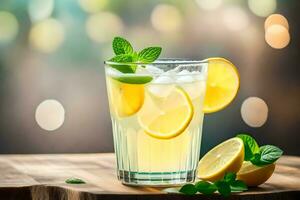 lemonade with mint leaves and lemon slices. AI-Generated photo