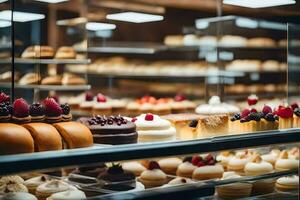 many different types of cakes are on display in a bakery. AI-Generated photo