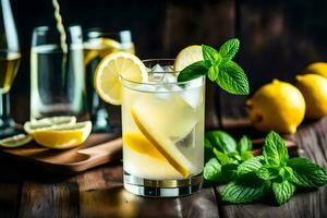 a glass of lemonade with mint leaves and lemons. AI-Generated photo