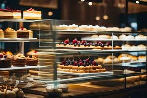 a bakery display case with many different types of pastries. AI-Generated photo