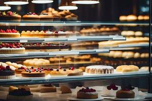 a display case with many different types of cakes. AI-Generated photo