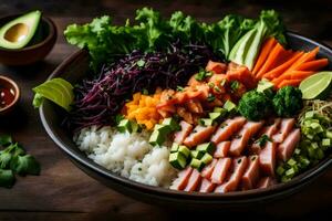 un cuenco de Sushi con arroz, vegetales y carne. generado por ai foto