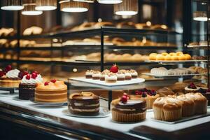 a bakery display with many different types of cakes. AI-Generated photo