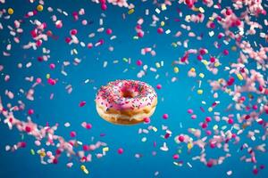 a donut with sprinkles on a blue background. AI-Generated photo