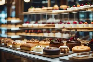 many different types of pastries are displayed on shelves. AI-Generated photo