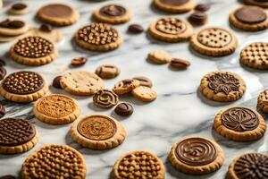 a variety of cookies and biscuits on a marble surface. AI-Generated photo