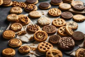 a variety of cookies and biscuits on a table. AI-Generated photo