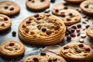 a pile of cookies with nuts and berries. AI-Generated photo