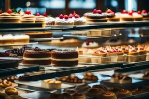 many different types of cakes are on display in a bakery. AI-Generated photo