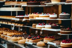 many different types of cakes are on display in a bakery. AI-Generated photo