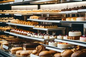 many different types of pastries are on display in a bakery. AI-Generated photo