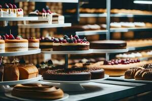 a bakery display with many different types of cakes. AI-Generated photo