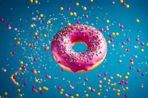 a pink donut with sprinkles on a blue background. AI-Generated photo