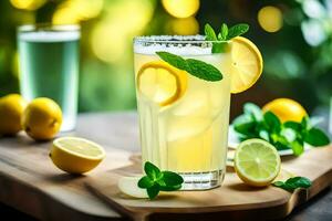 lemonade with mint leaves and lemons on a wooden cutting board. AI-Generated photo