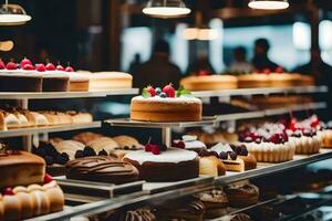 many different types of cakes are on display in a bakery. AI-Generated photo