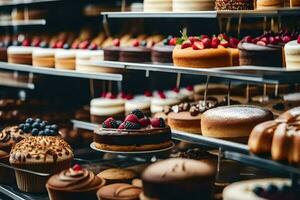 many different types of cakes are on display in a bakery. AI-Generated photo