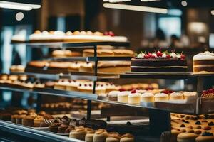 many different types of cakes are on display in a bakery. AI-Generated photo