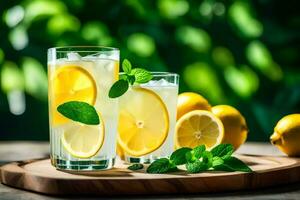 two glasses of lemonade with mint leaves on a wooden board. AI-Generated photo