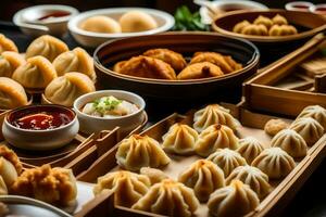 a variety of dumplings and other food in wooden trays. AI-Generated photo