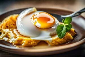 an egg on top of a plate with a fork. AI-Generated photo