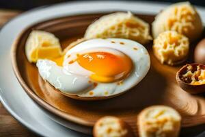 un huevo es en un plato con patatas y un pan. generado por ai foto