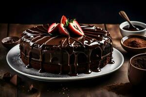 a chocolate cake with strawberries on top. AI-Generated photo