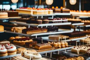 a variety of cakes and pastries are on display in a bakery. AI-Generated photo