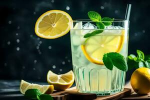 lemonade in a glass with mint leaves and lemon slices. AI-Generated photo