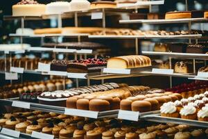 many different types of pastries are on display in a bakery. AI-Generated photo