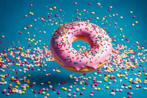 a pink doughnut with sprinkles on a blue background. AI-Generated photo