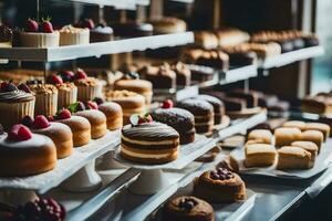 many different types of cakes are on display in a bakery. AI-Generated photo