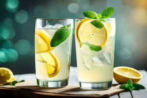 two glasses of lemonade with mint leaves. AI-Generated photo