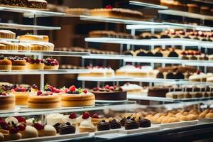 many different types of cakes are on display in a bakery. AI-Generated photo