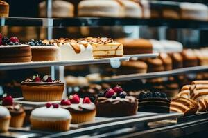 many different types of cakes are on display in a bakery. AI-Generated photo