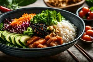 a bowl of asian food with rice, vegetables and other ingredients. AI-Generated photo