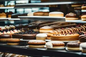 many different types of cakes are on display in a bakery. AI-Generated photo