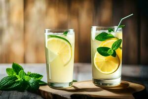 two glasses of lemonade with mint leaves. AI-Generated photo