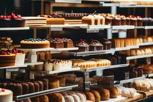 many different types of cakes are on display in a bakery. AI-Generated photo