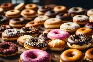 a large assortment of donuts on a table. AI-Generated photo