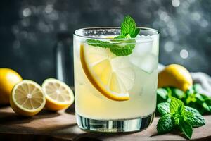 a glass of lemonade with mint leaves and lemons. AI-Generated photo