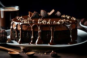 a chocolate cake with chocolate icing and nuts. AI-Generated photo