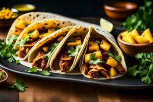 three tacos with chicken, mango and cilantro. AI-Generated photo