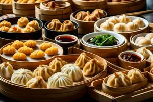 many different types of dumplings are arranged in bamboo baskets. AI-Generated photo