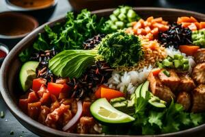 un cuenco de arroz, vegetales y carne con palillos. generado por ai foto