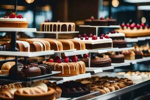 a display of cakes in a bakery. AI-Generated photo