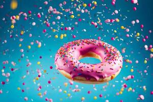 a donut with sprinkles on a blue background. AI-Generated photo