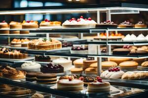 a display case filled with various types of cakes. AI-Generated photo