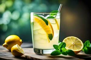 lemonade with mint and lemons on a wooden table. AI-Generated photo