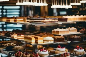 many different types of cakes are on display in a bakery. AI-Generated photo